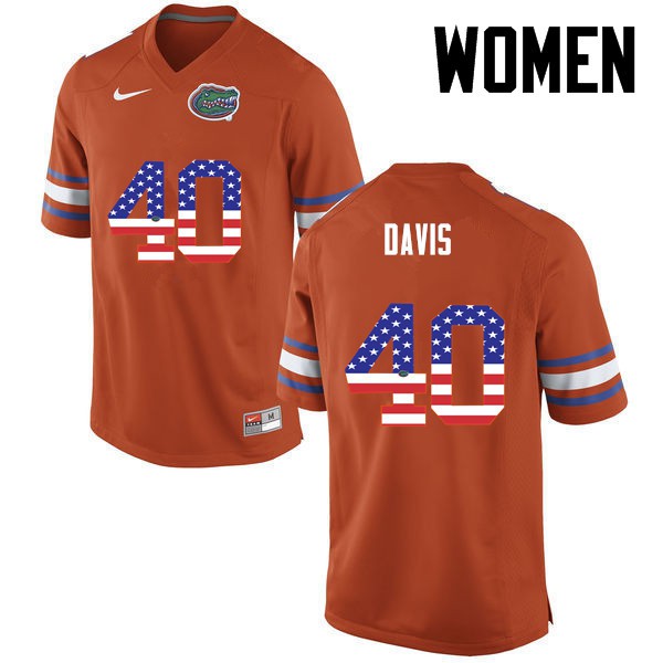 Florida Gators Women #40 Jarrad Davis College Football Jersey USA Flag Fashion Orange